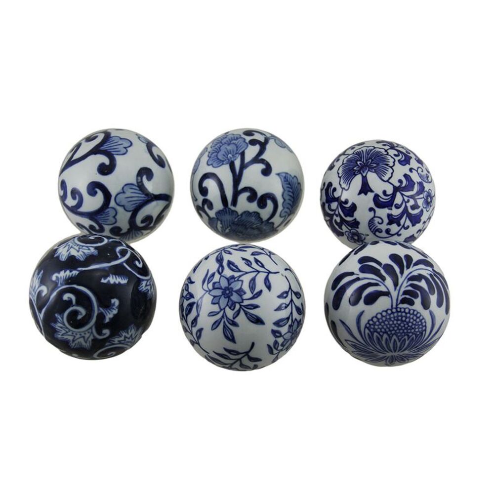 6 Piece Set of Blue and White Toile Inspired Decorative Spheres 3 Inch
